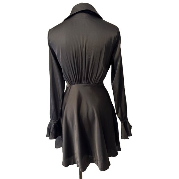 Spring & Mercer Dress L Black Long Flutter Sleeve Tie Front Cut Out NEW - Picture 5 of 16